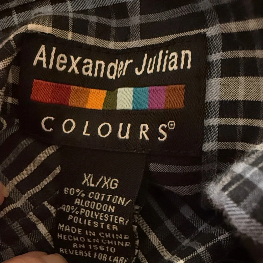 Alexander Julian‎ Button Up No Iron Men's Shirt Sz XL Black Blue Plaid Preppy